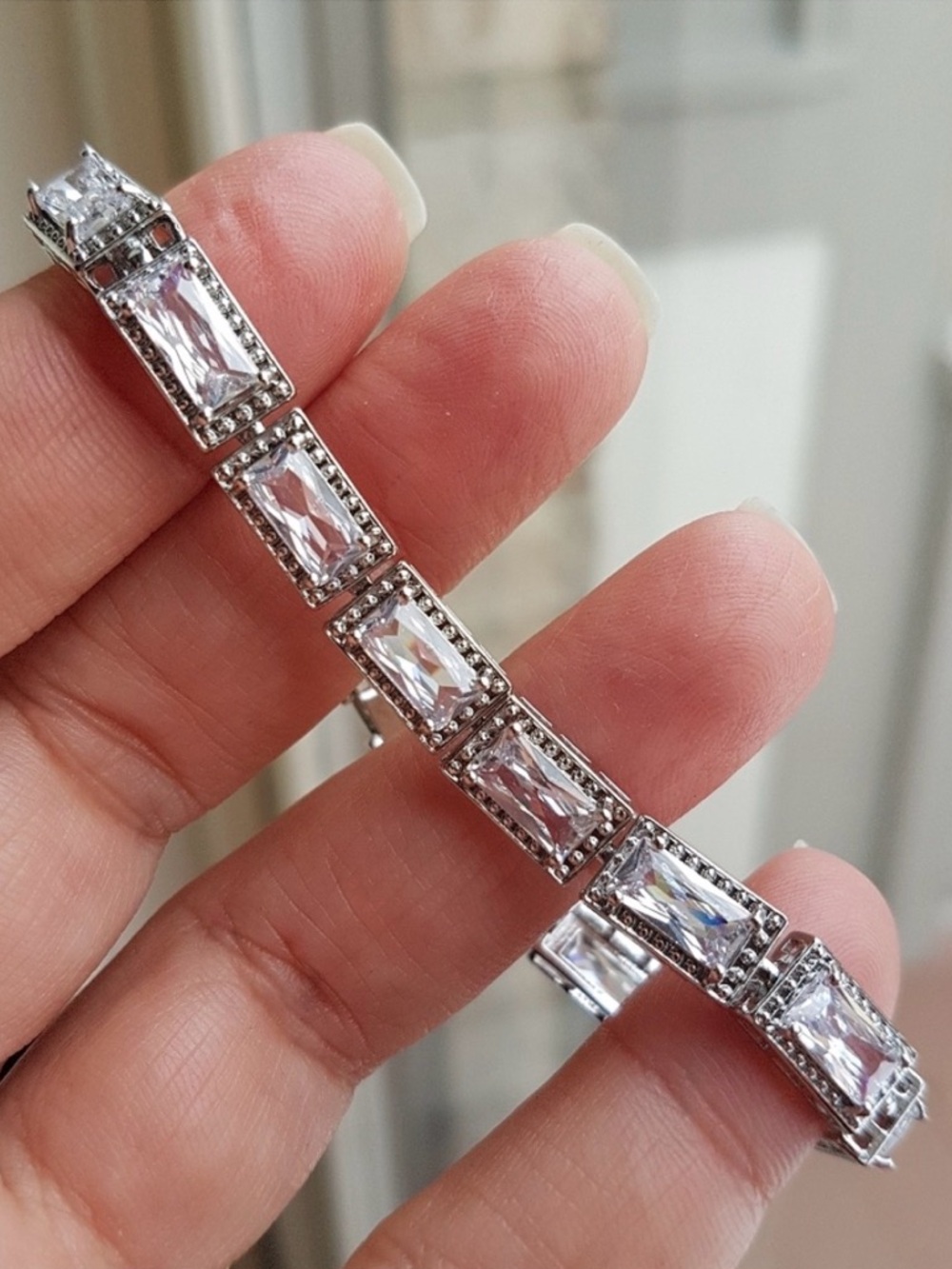 Swarovski Elements 925 Silver Clear Emerald-cut Halo Tennis Bracelet NEW